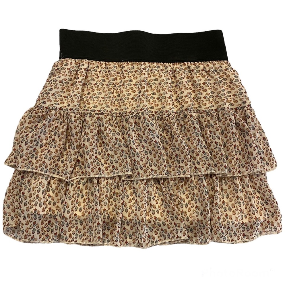 Deb Y2K Floral‎ Ruffle Mini Skirt Black Waistband Beige Brown Print S Small